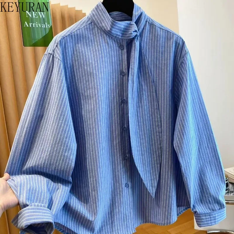 

Kokrean Blue Striped Blouse Women Shirts 2026 New Spring Autumn Vintage Long Sleeve Bandage Casual Tunic Tops Elegant OL Blusas