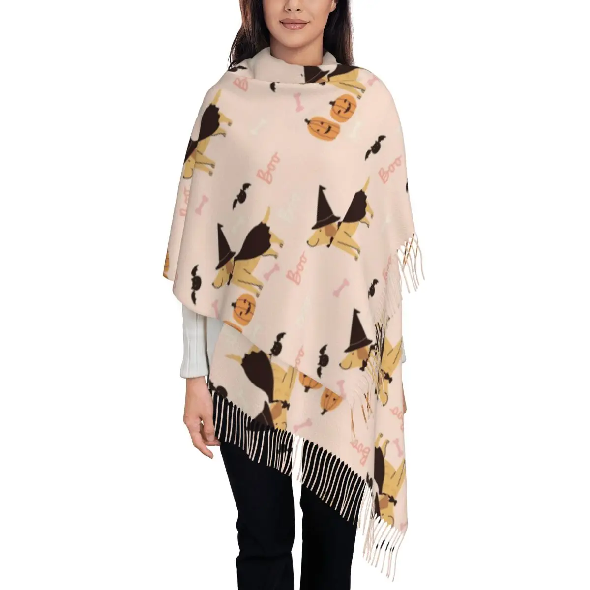 Halloween Dog Shawls Wraps for Womens Warm Single-sided Pattern Scarf Pumpkin Boo Pashminas Tassel Scarves