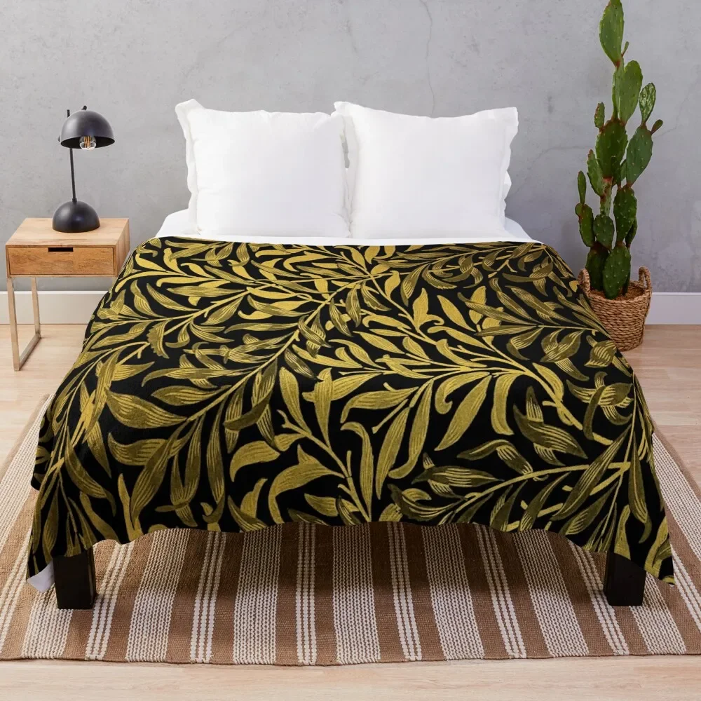 

William Morris Vintage Black and Gold Leaves Pattern Throw Blanket Winter beds valentine gift ideas Blankets