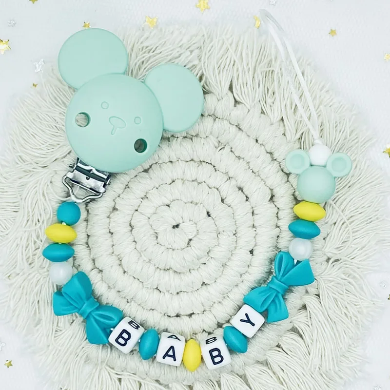 Gratis buatan tangan dipersonalisasi nama dot bayi klip rantai manik-manik silikon Teether mainan tumbuh gigi boneka pemegang dot rantai hadiah