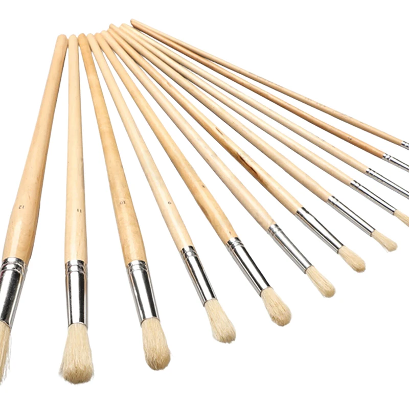 12Pcs Oil Brushes Round Head Pig Bristle Hair Acrylic Art Brushes Long Wood Rod Painting Brush Artist Supply