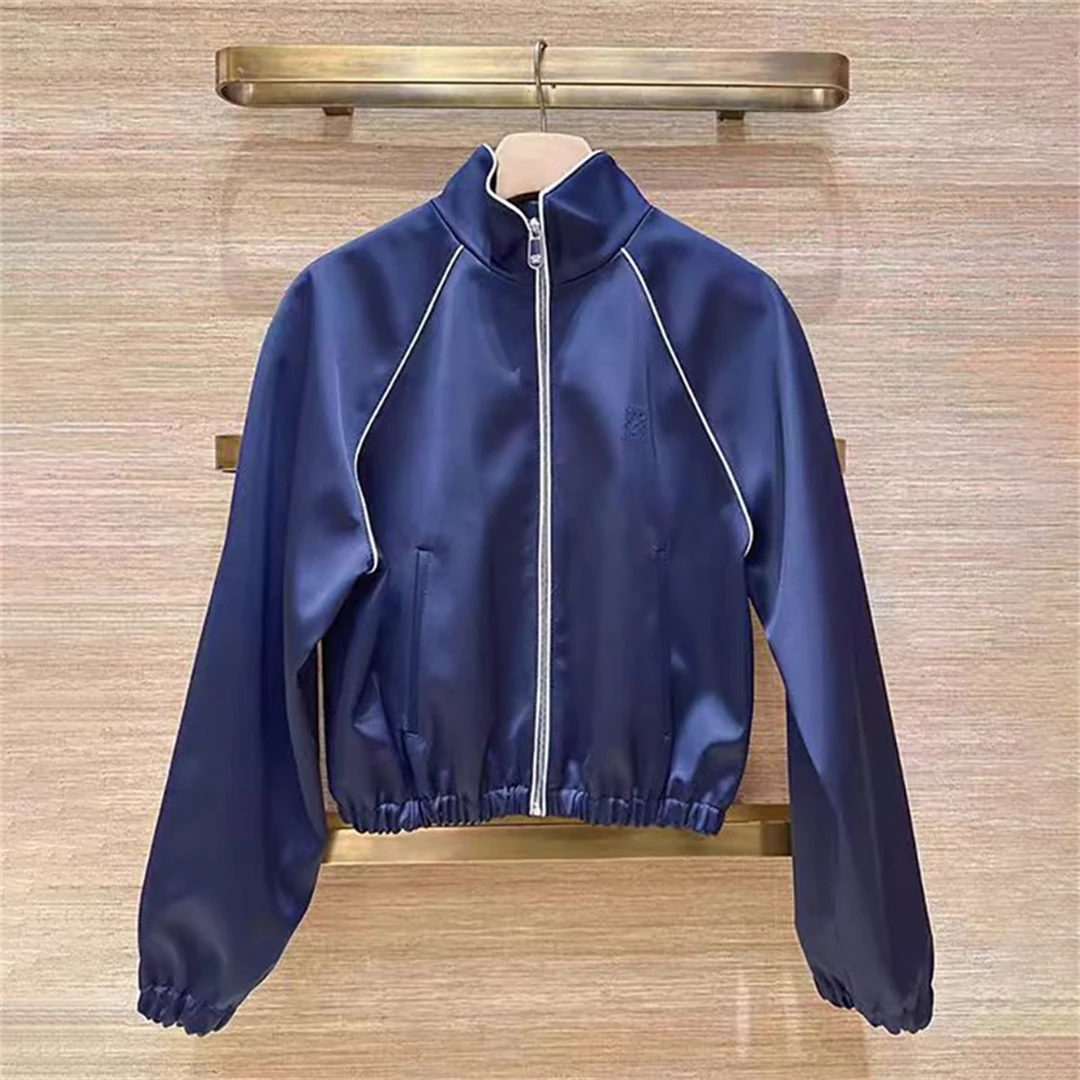 

Fashionable Satin Short Jacket Zipper Waist Cinching Blue Spring French Style Women's Polyester Fiber High Waist Type Jacket