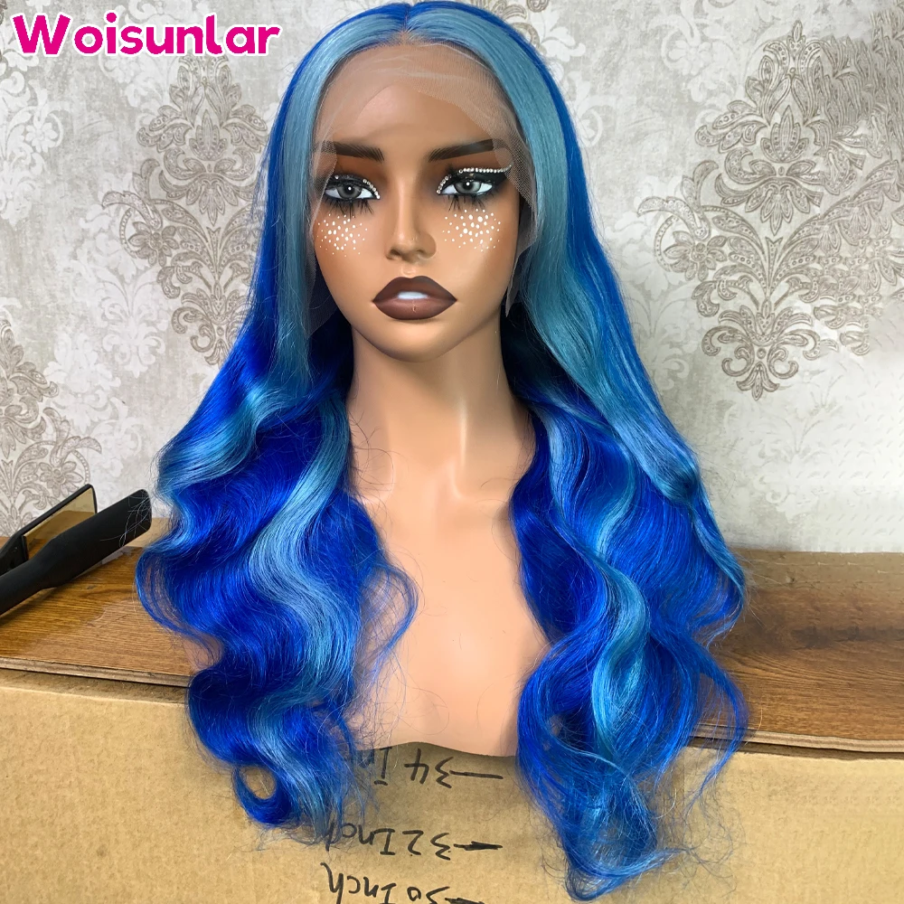 

36 inches Highlight blue and light blueFront Lace wigs human hai 13x4 Transparent Lace Body wave Black Women Natural Human hair