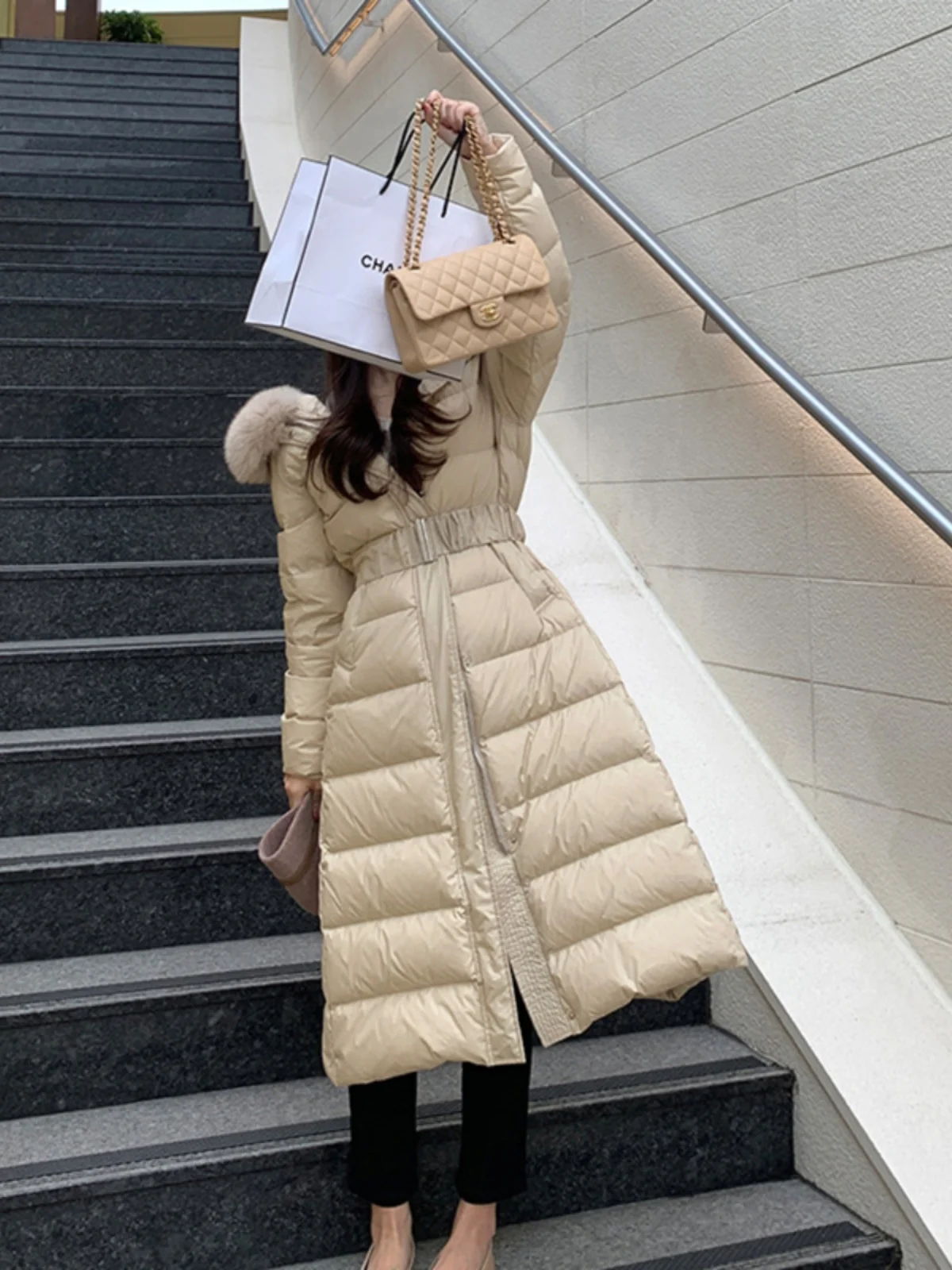 

2025 New Fur Collar 90 White Du down Puffer Jaet Women Long Waist-Cinching Trendy Thiened Loose Outerwear