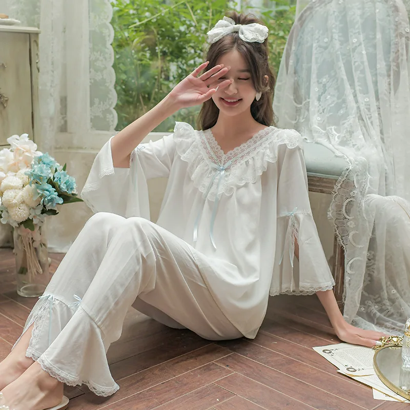 

Female Kawaii Cotton 2Pcs Pajamas Set Princess Lace Collar Sleepwear Sweet Flare Sleeve Home Clothes Court Style Nightwear