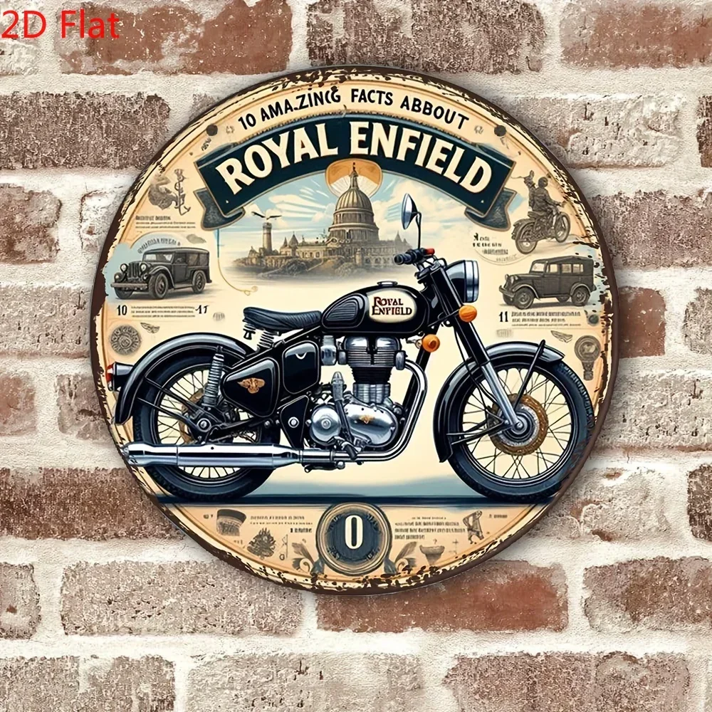 Royal Enfield Vintage Metal Sign, Retro Round Wall Art Featuring Big Ben Motorcycle, Perfect for Garage, Cafe, Bar, Garden Decoration, and as a Gift