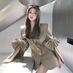 Retro Women Turn Down Collar Blazers Coat 3D Bowtie Split Sleeve Suit Jacket Pleated OL Cardigan Spring Fall Streetwear Tops