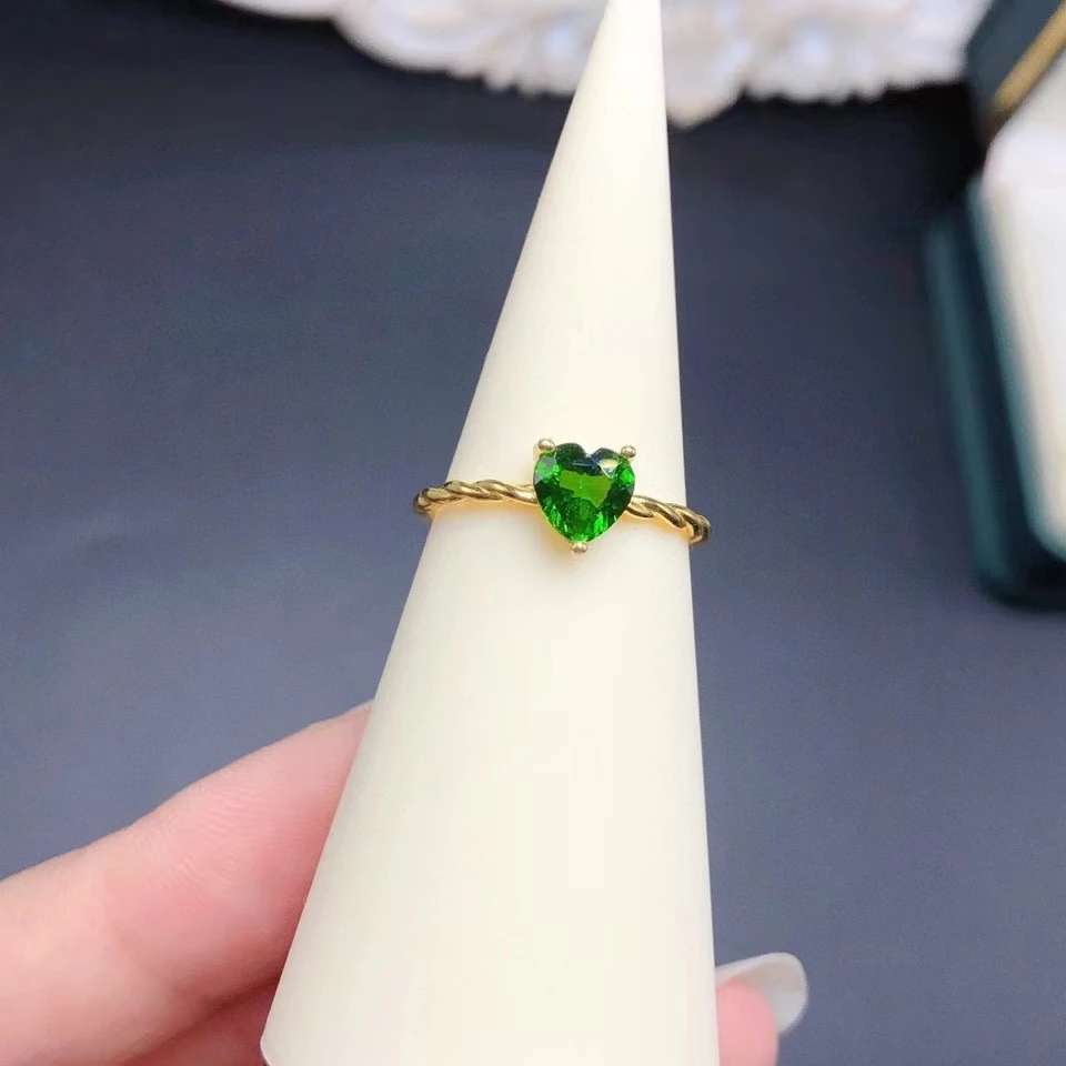 Classsic Heart Gemstone Engagement Ring for Woman 6mm 0.7ct Natural Diopside Ring Soild 925 Silver Chrome Diopside Jewelry
