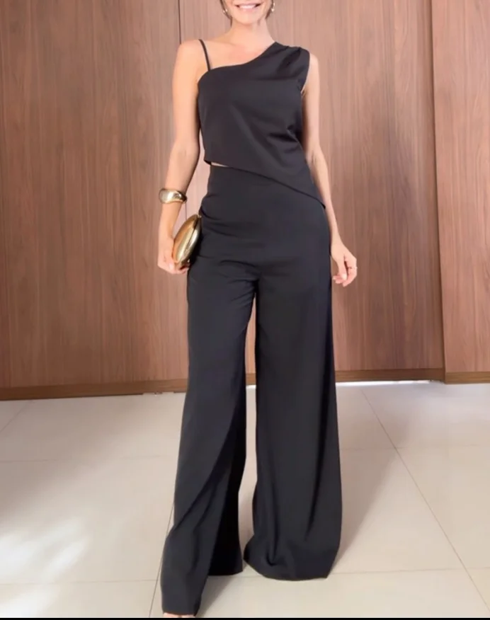 

Two Piece Set Women Outfit 2025 Summer New Asymmetrical Sleeveless Backless Tied Detail Top & Casual Straight Leg Pats Set