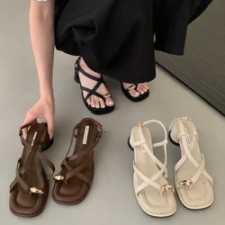 Sandals Designer New 2023 Dress Women Metal Decoration Ladies Narrow Band Buckle Thick Heels Female Shoes Outside Party Clip Toe