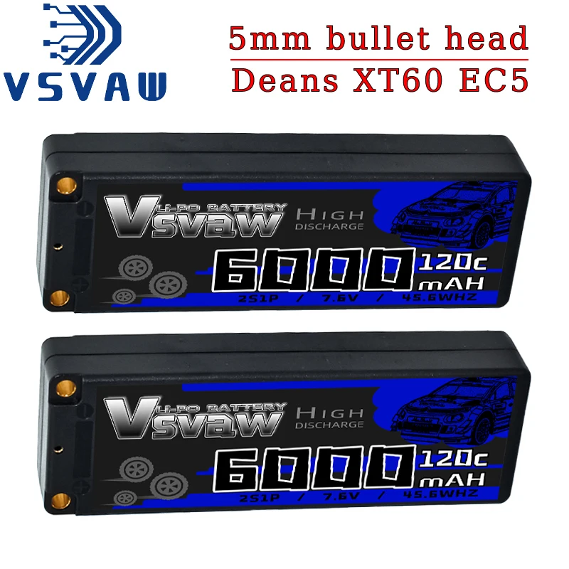 

VSVAW 7.6V 120C 6000mAh Lipo Battery 2S RC Lipo Battery with 5mm Bullet Dean-Style T Plug for RC Car Model Boat Truck Race Parts