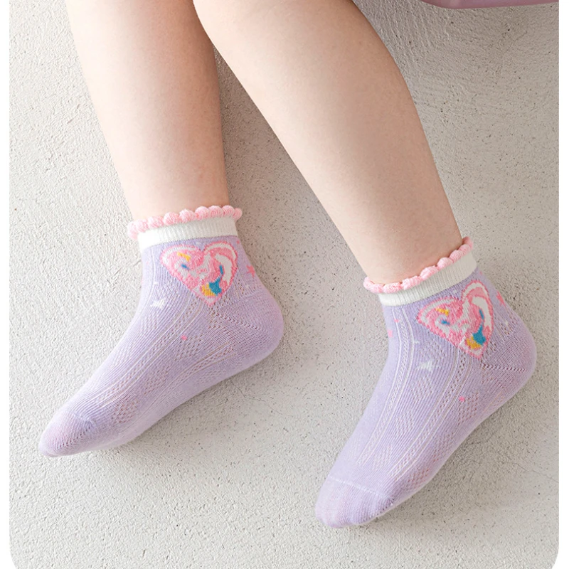 Five Pairs of Children\'s Cute Cartoon Lace Stylish Thin Mesh Breathable Comfortable Spring and Summer Short Socks