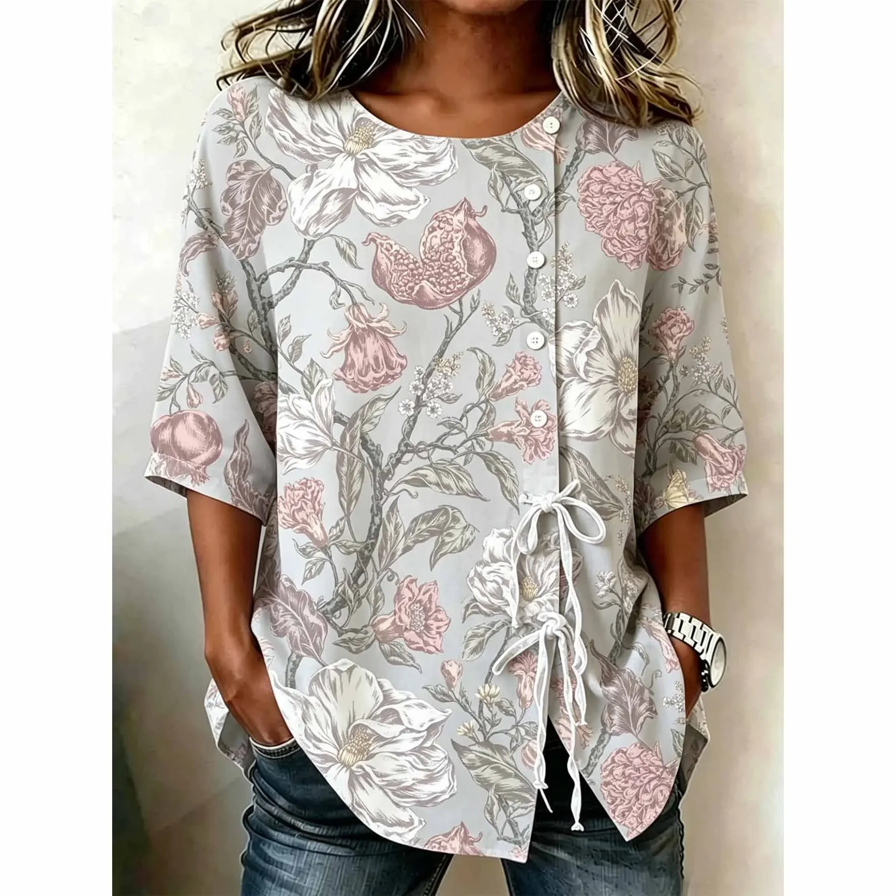 

Women Pink Pomegranate Floral Side Tie Half Sleeve Top