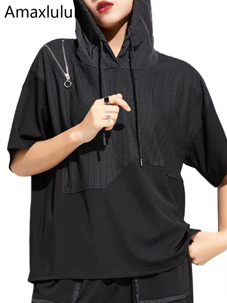 Amax luluE Summer Clothes 2024 Womens Luxury Loose Hooded Black Punk Tee Shirts Korean Ladies Fashion Casual Vintage Zipper Tops