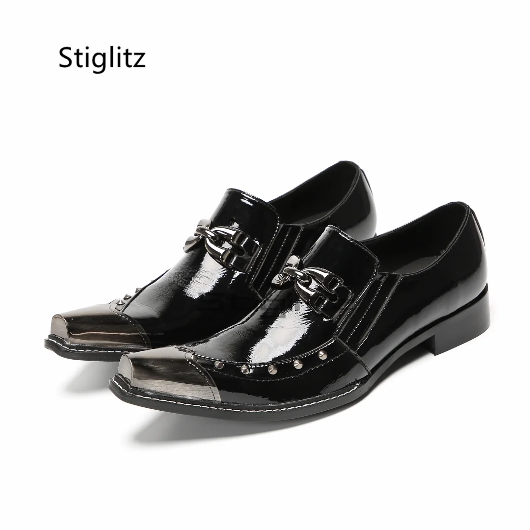Metal Buckle Dress Leather Shoes for Men Metal Pointed Toe Genuine Cowhide Rivet Slip On Black British Style Business Shoes