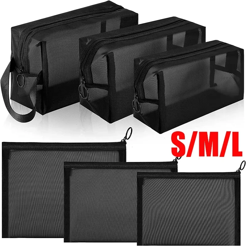 3size Black Makeup Bags Small Large Mesh Transparent Cosmetic Bag Organizer for Cosmetics Storage Pencil Cases Neceser Pouch