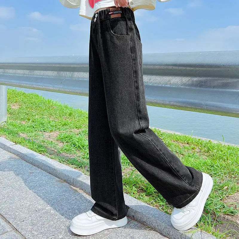 2024 New Children Jeans Girls Wide-leg Pants Kids LooseTrousers Baby Straight Denim Pants Spring Autumn 4 To12 Year