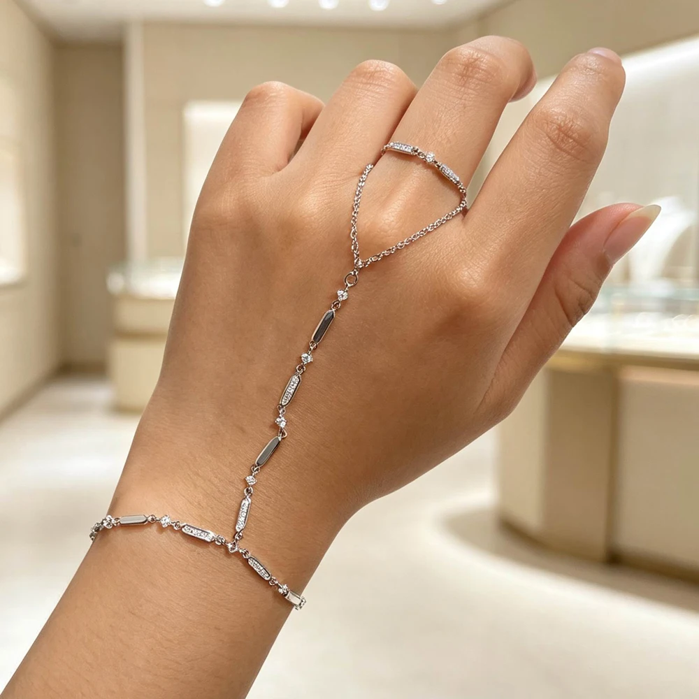 2026 New Fashion Micro Pave Gerometric CZ Bracelets Personality Design Beaded Bar Charm Finger Chain Bracelet For Women Jewelry