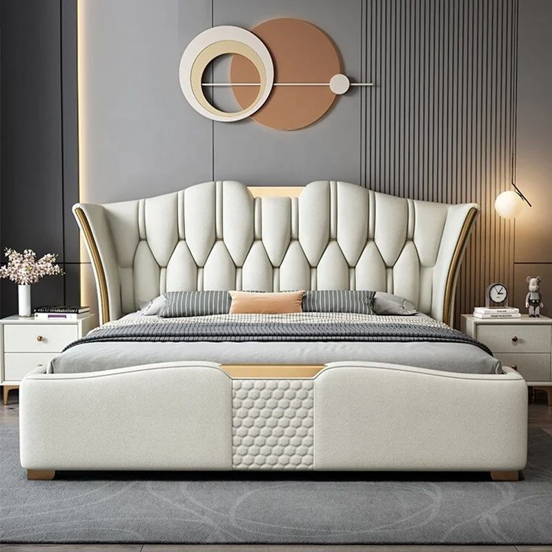 

Nordic Modern Design White King Tufted Platform Bed with Leather Finish High Headboard for Hotel Bedroom Set