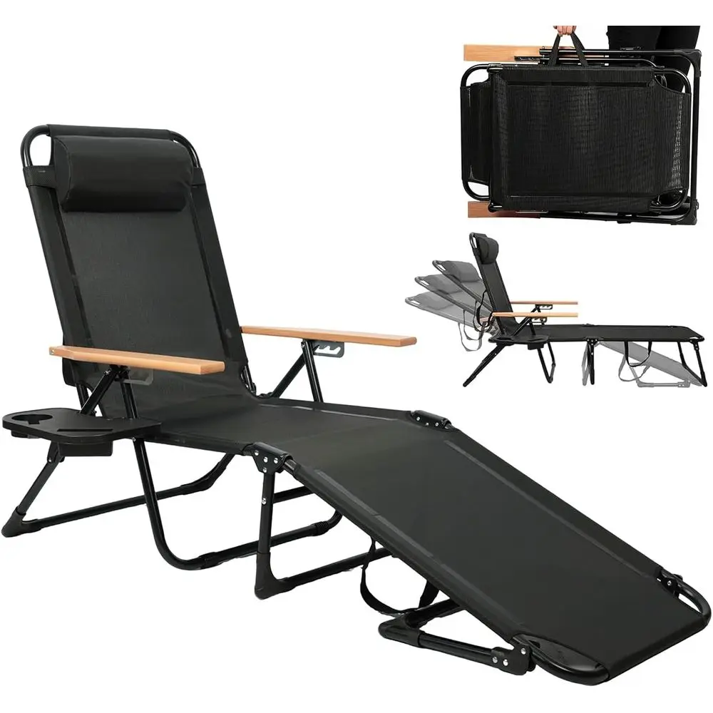 

Outdoor Chaise Lounge Chair with Cup Holders and Wooden Armrests, Adjustable Beach Sun Tanning Chair, Patio Pool Lawn Furniture,
