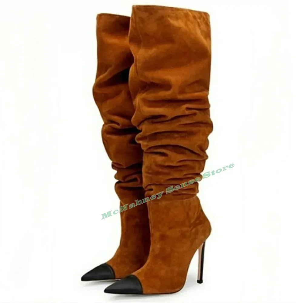 Suede Pointy Toe Solid Boots Pleated Over The Knee Slip On Women Winter Shoes Thin High Heels Party Casual Designer Boots New