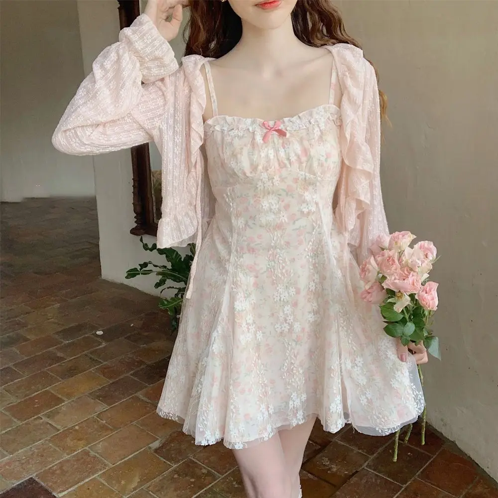 

Sweet Lace Patchwork Floral Short Strapless Dress Summer New Open Cardigan Set