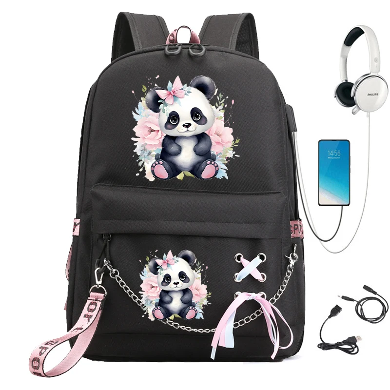 Floral Panda Print School Backpack Bag for Students Kawaii Cartoon School Bag Anime Students Usb Bookbag Animals Manga Bagpacks