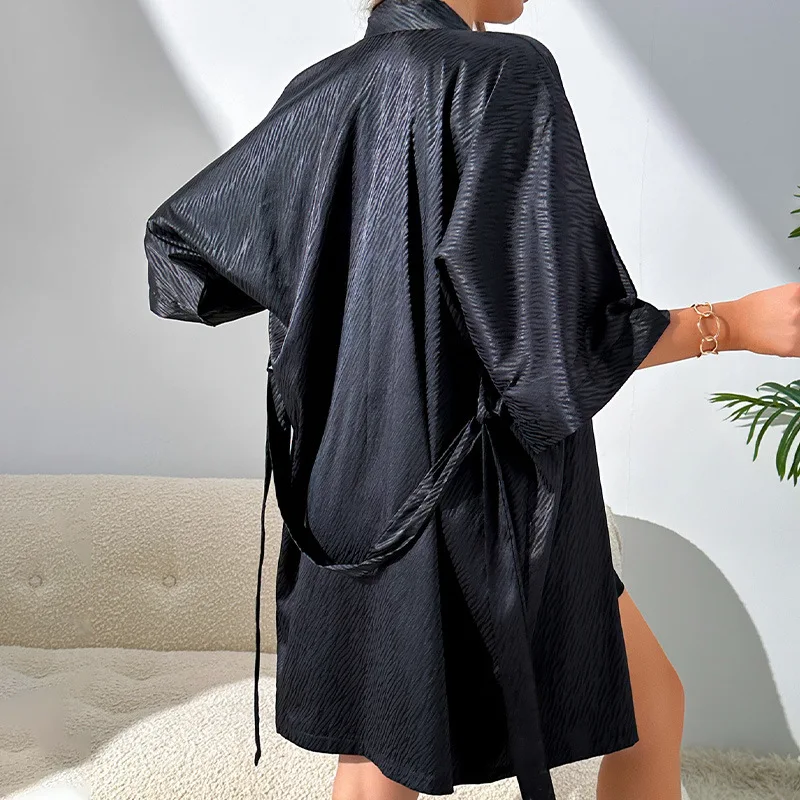 Krismile Nightgown and Robe Set Women Solid Color Jacquard Sexy Mini Nightdress Three-quarter Sleeves Robes Basic Home Wear Suit