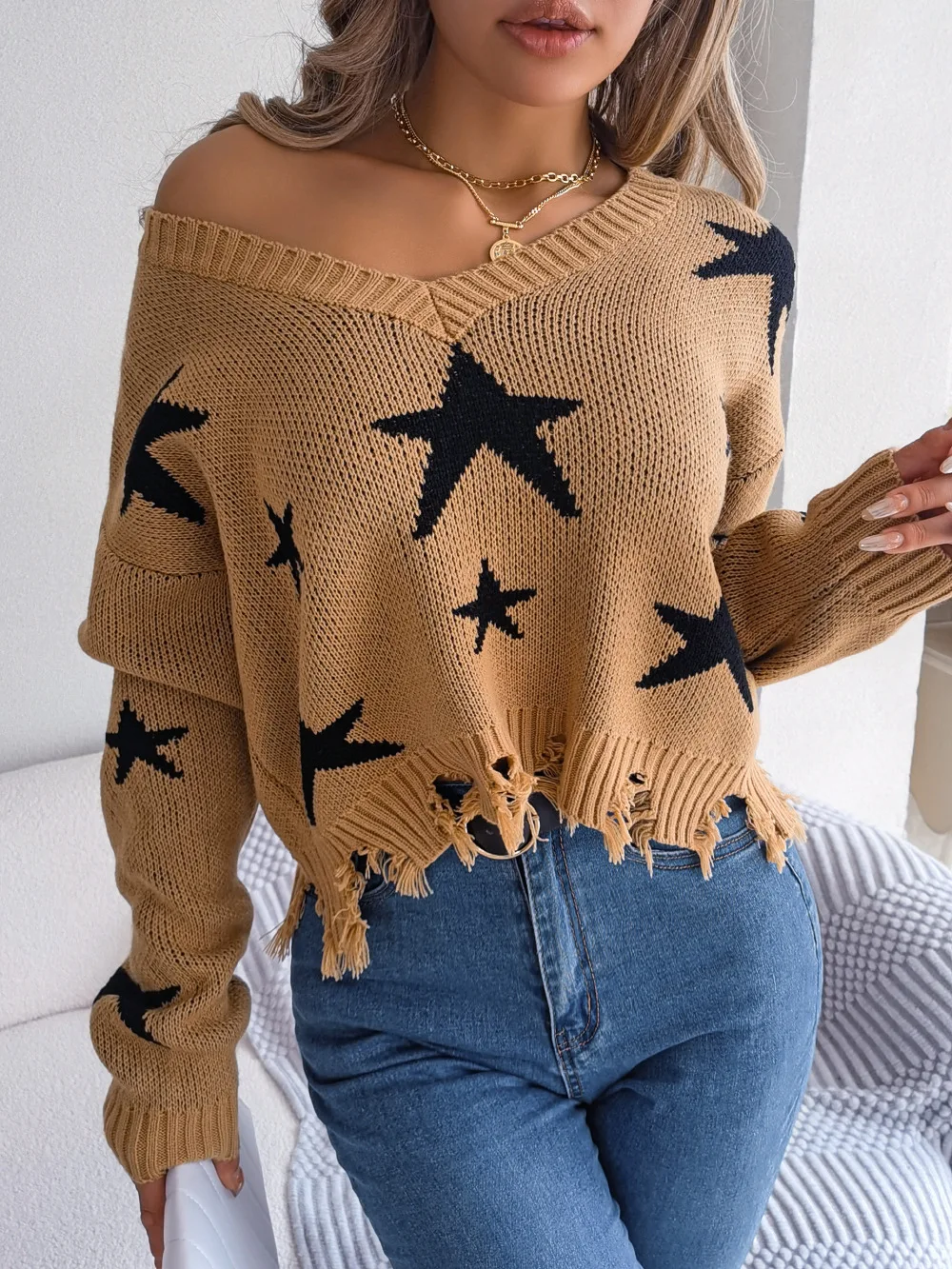 

Fashion Casual V-Neck Women Sweater Top 2023 Autumn Winter Loose Women Long Sleeve Solid Color Stars Twist Knitted Pullovers Top