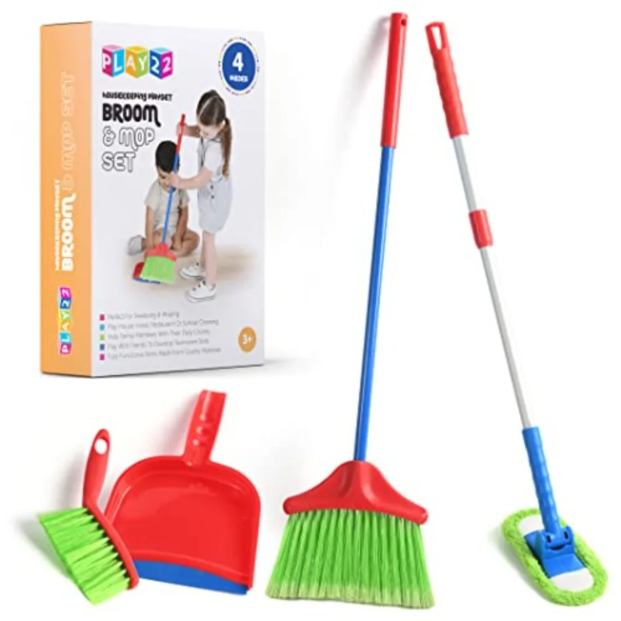 

Cleaning Set 4 Piece - Toy Cleaning Set Includes Broom Mop Brush Dust Pan - Toy Kitchen Toddler Set is A Great Toy Gift for Boy
