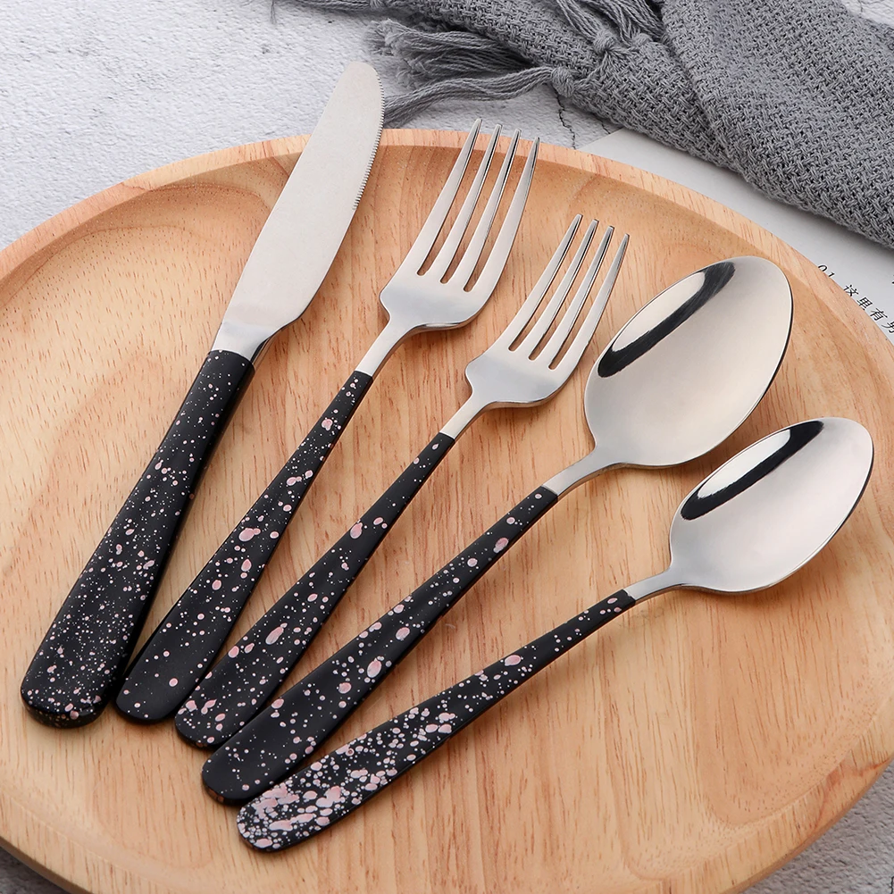 5/20Pcs Western Plated Tableware Set Stainless Steel Mirror Polished Black Cutlery Set Knives Fork Dinnerware Set Flatware Food