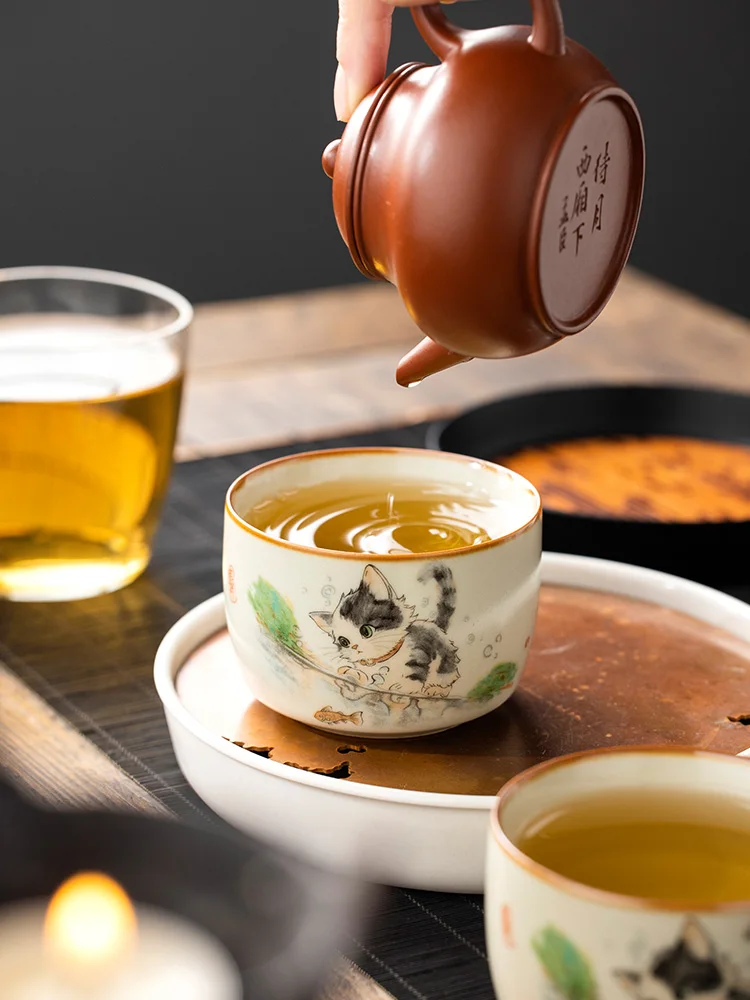 115ml Cute Cat Chinese Tea Cup Master Cup Ru Yao Ceramic Opening Yellow Beautiful Teacup Flowers Teaware KungFu Tea Set