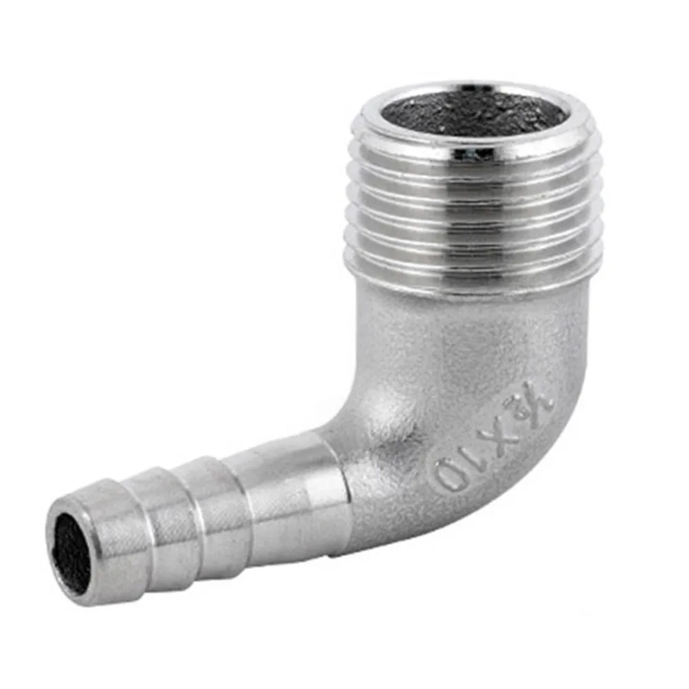 Stainless Steel 90 Degree Elbow Fitting for Industrial Hose Applications with NPT Male Thread and Hose Barb End