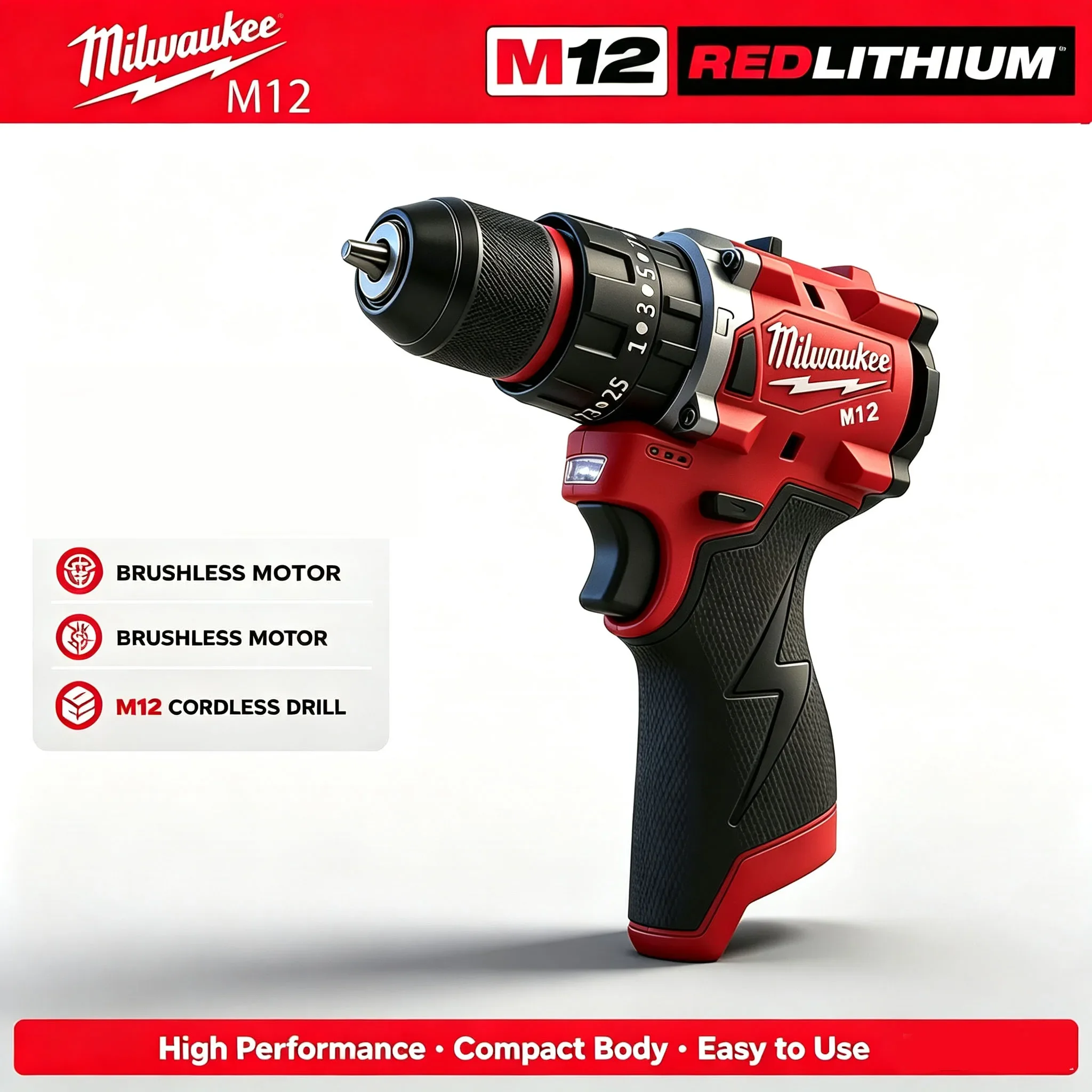 Milwaukee M12 Brushless Electric Drill 12V Cordless 3/8' Chuck Variable Speed DIY Professional Drill Driver No Battery Included
