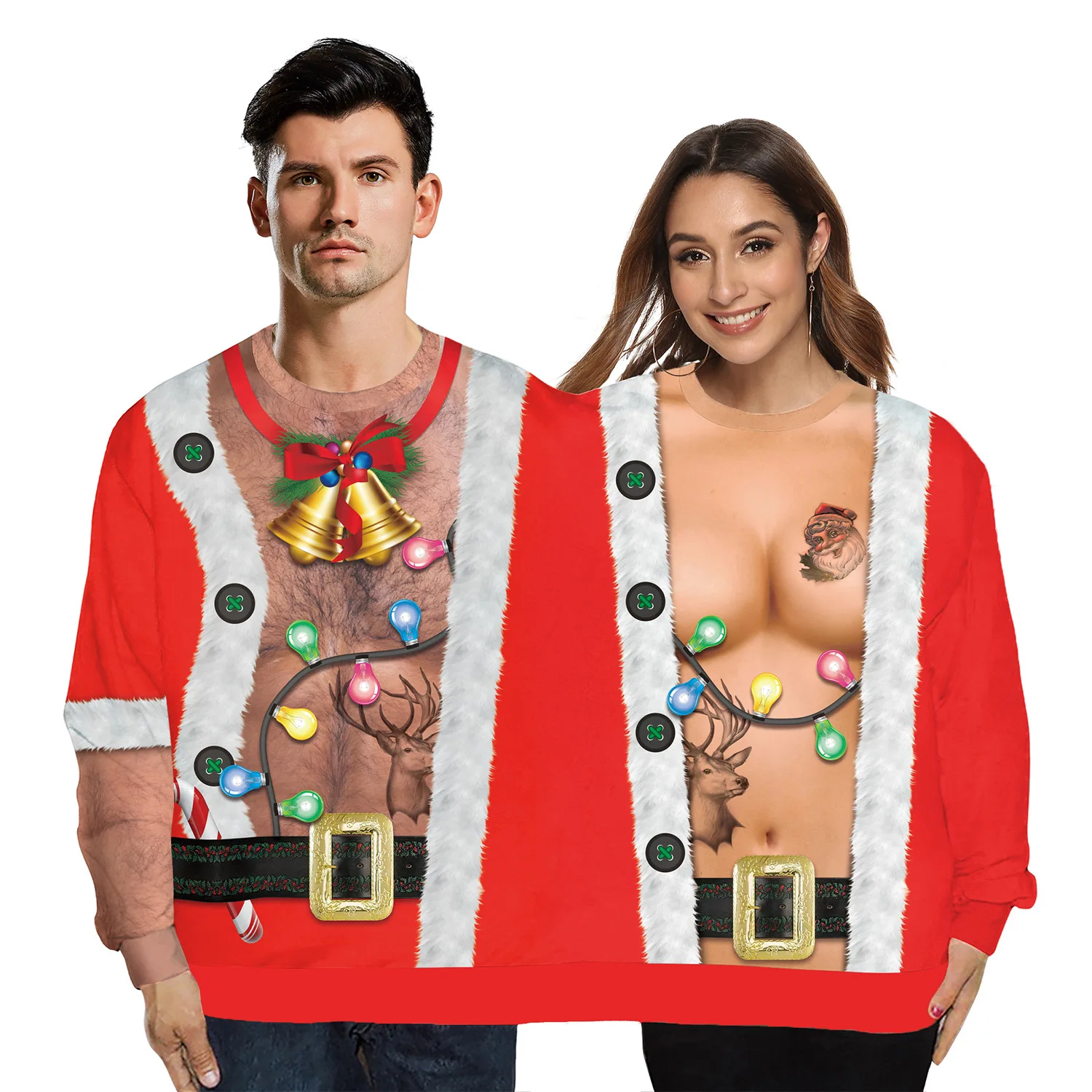 Two Person Ugly Christmas Sweashirt Santa Claus 3D Full Cover Print Pullover Double Pullover Men Women Long Sleeve Xmas Clothing