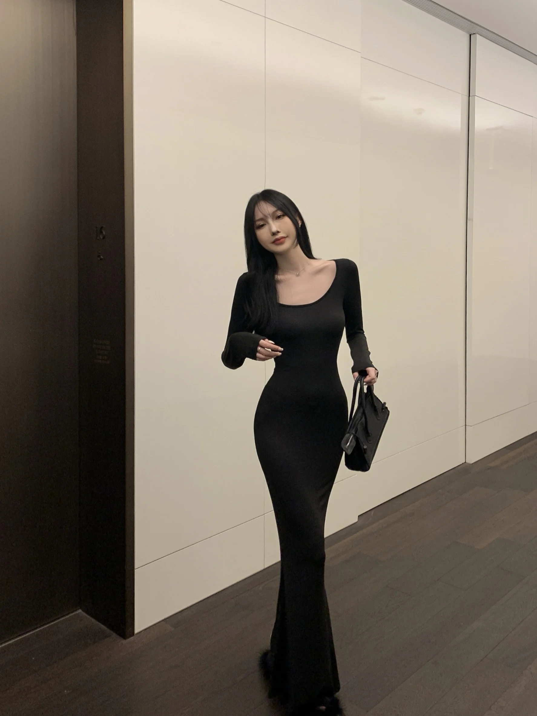 Kleider Langarm-Damenkleid für Damen, Hochzeit, Party, Herbst, Tweed, Marineblau, einreihig, tailliert, normale Passform, Elite, schlicht