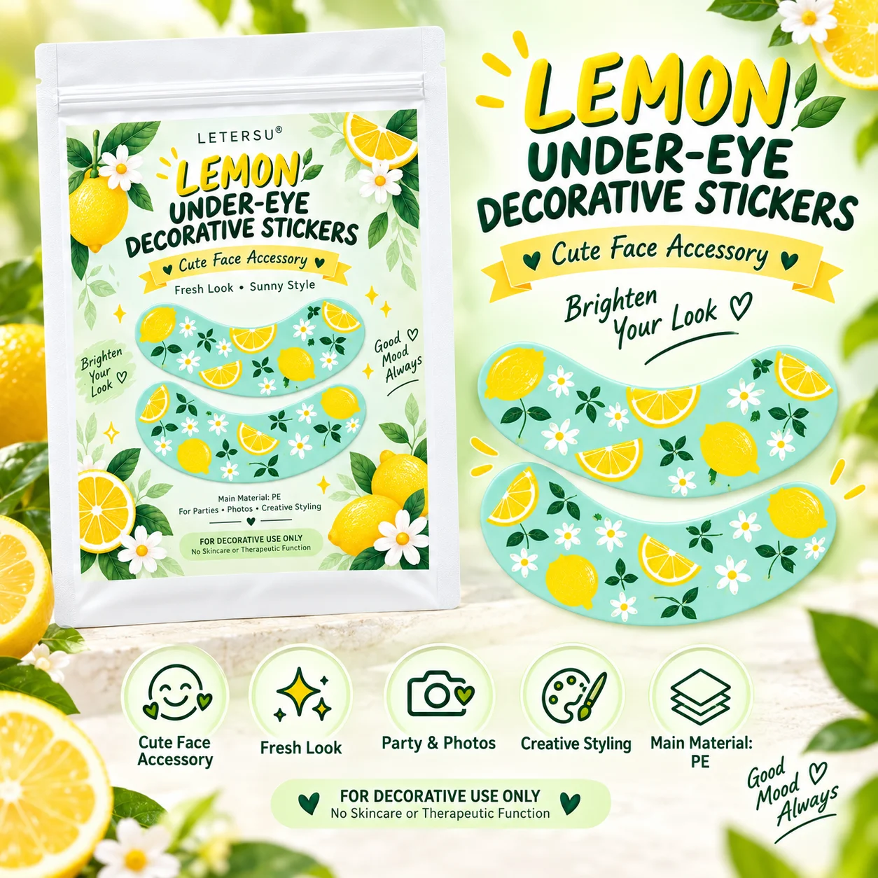4PCS Lemon Print Under Eye Stickers, Cute Fruit Eye Patches, Summer Face Makeup Accessories for Women, Beach Party Festival Phot