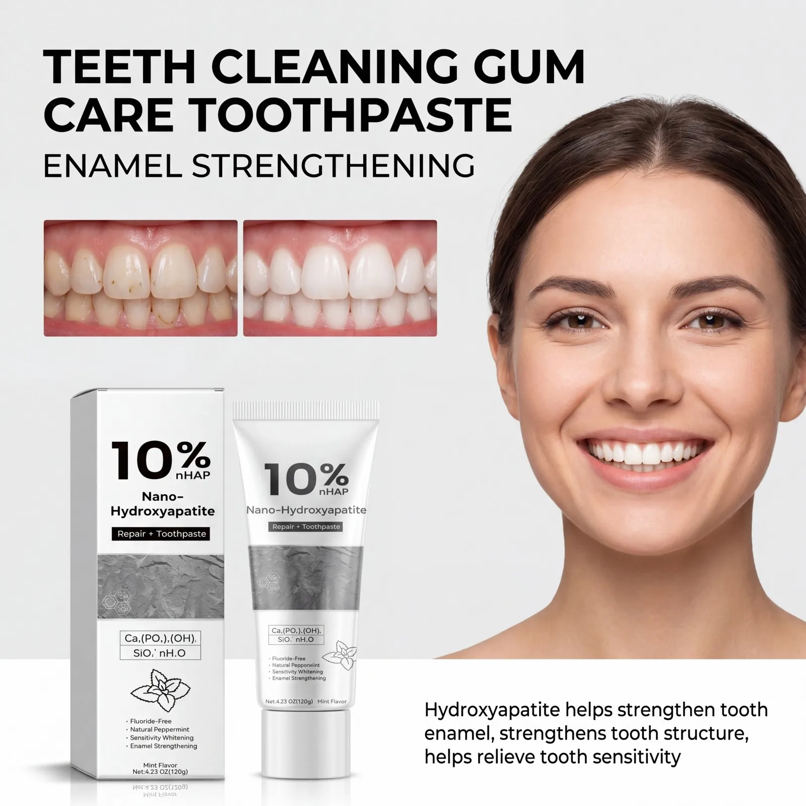 10% Nano Hydroxyapatite Toothpaste+ Gum Repair Toothpaste Enamel Strengthening Sensitivity Brightening  Mint Fresh Breath 120g