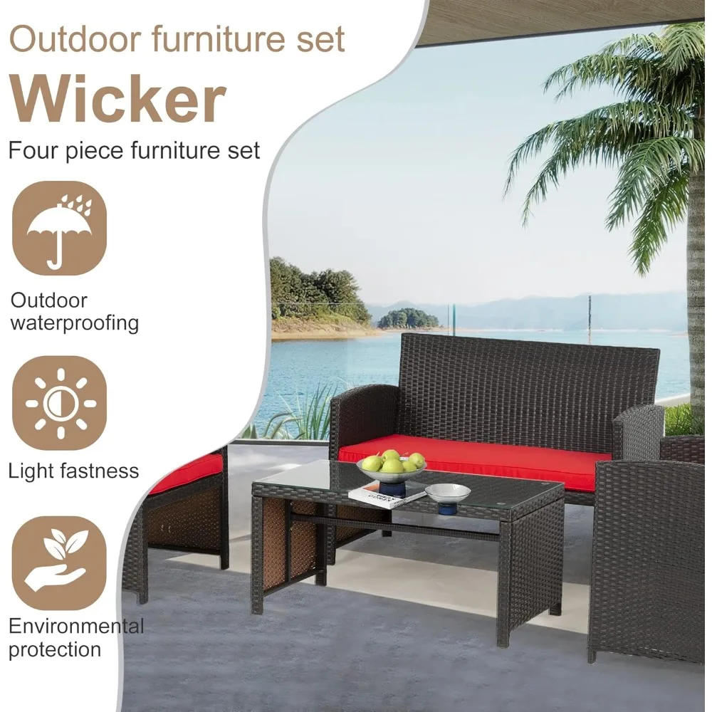 4 Pieces Patio Furniture Set with Glass Table, Patio Furniture Set