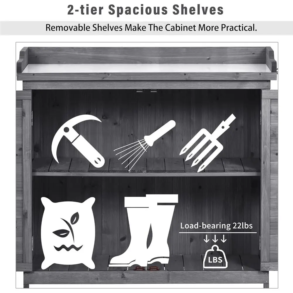 Tuinpotbank van dennenhout met gegalvaniseerd werkoppervlak, opbergruimte, planken, haken voor gebruik buitenshuis (grijs)