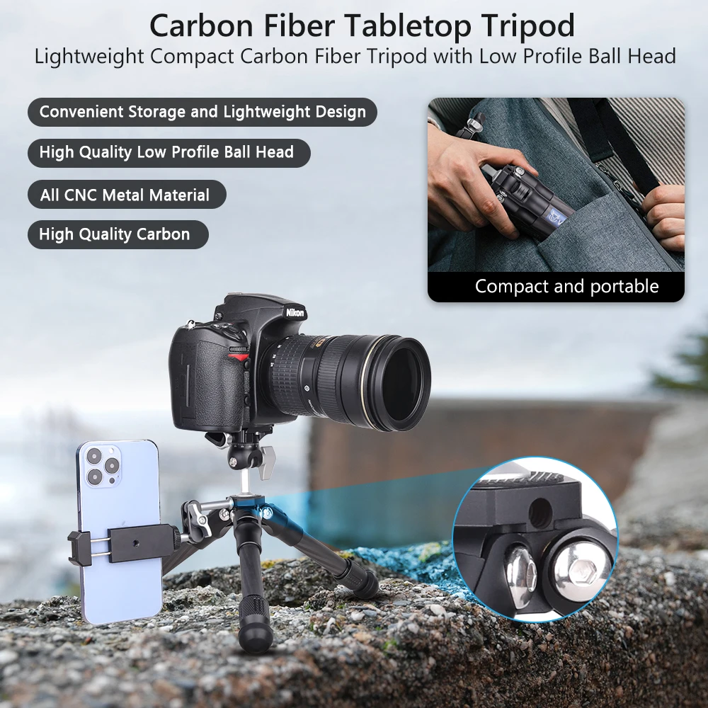 VT-182C Carbon Fiber Mini Tripod Compact Lightweight Portable Tabletop Tripods with Low Profile Ball Head for DSLR Camera Phone