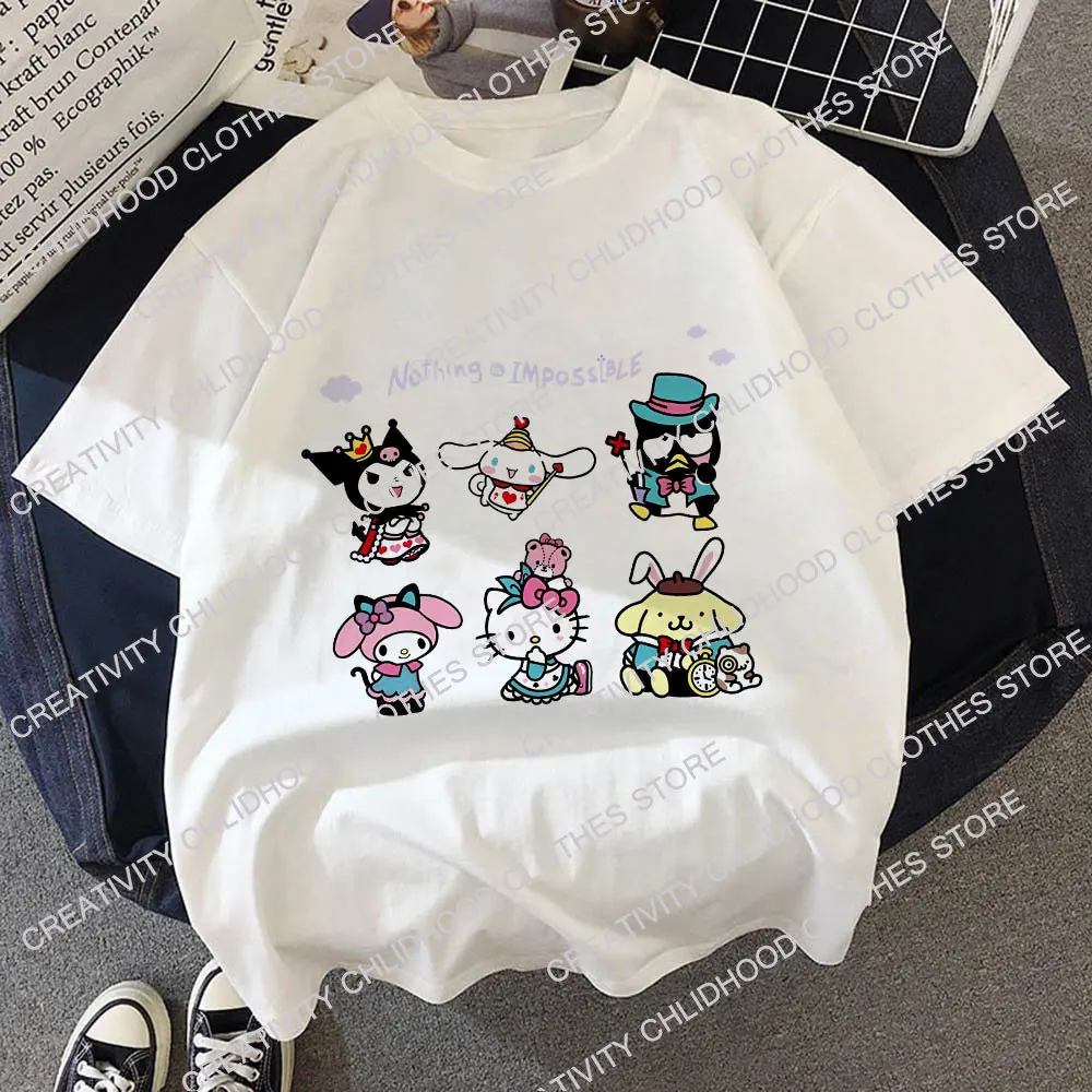 Sanrio Kuromi Children T-Shirt Hello Kitty Y2K Clothes Kawaii Anime Funny Cartoons Kid Boy Girl Tee Shirts Fashion Casual Tops