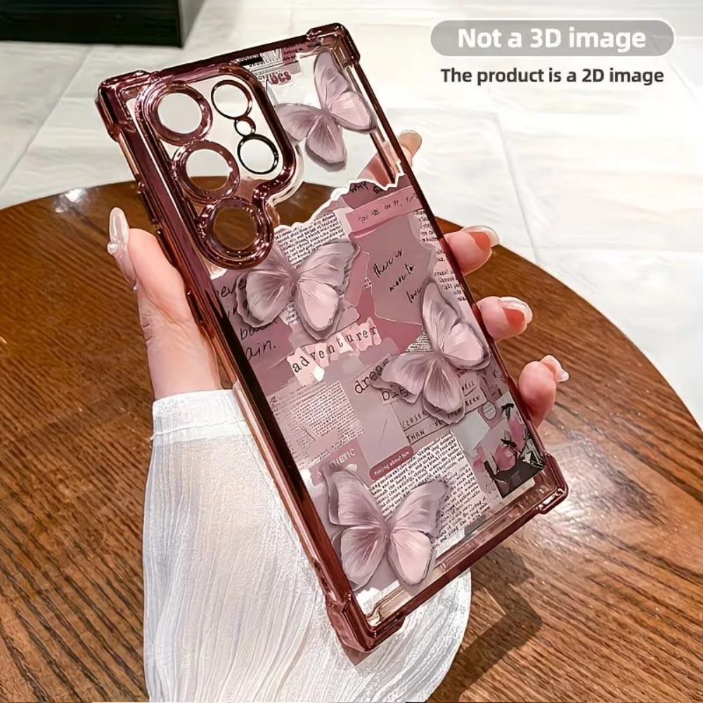 Ins Aesthetic Butterfly Newspaper Print Phone Case For Samsung S26 S25 S24 S23 S22 S21 Ultra Plus FE Anti-drop Clear TPU Cover