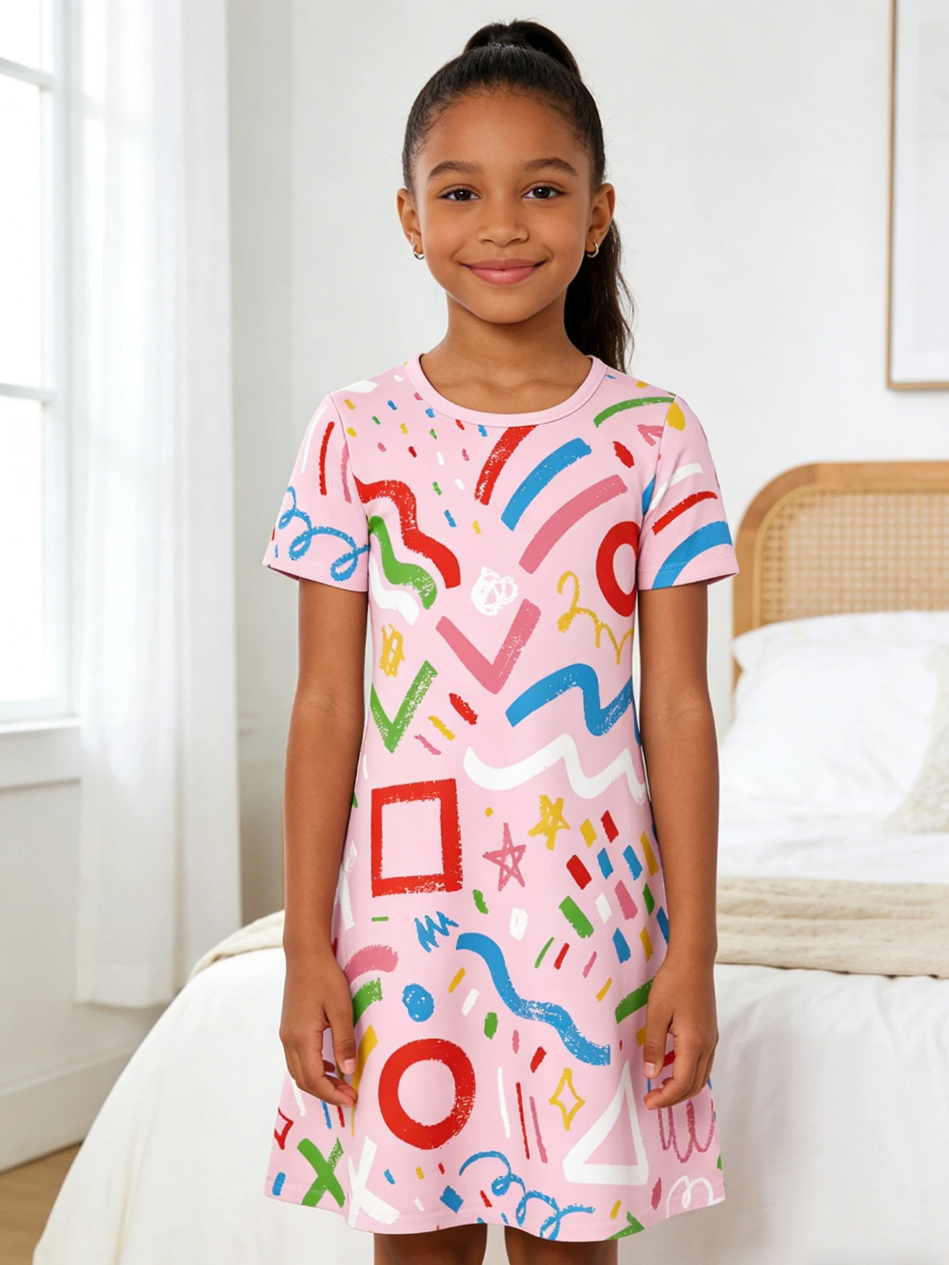 

2026 children's pink hand-painted geometric graffiti print summer short-sleeved dress
