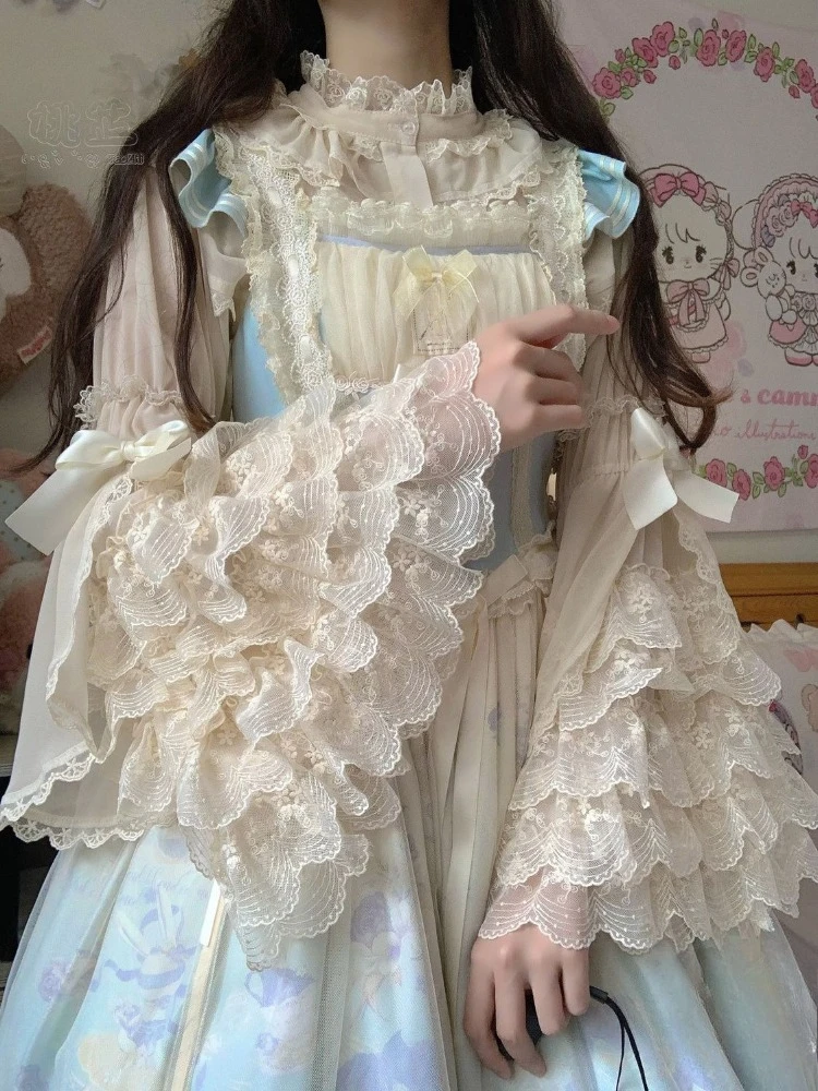 Japanese Lolita Flared Shirt with Inner Sleeves Y2k Aesthetic Lace Sweet Bow Versatile and Versatile Blouse