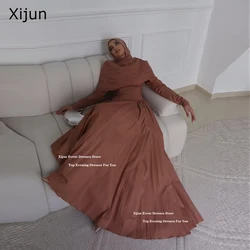 Xijun Brown Modest Long Evening Dresses High Collar Full Sleeves A-Line Prom Dresses Floor Length Muslim Prom Gowns Women Dubai