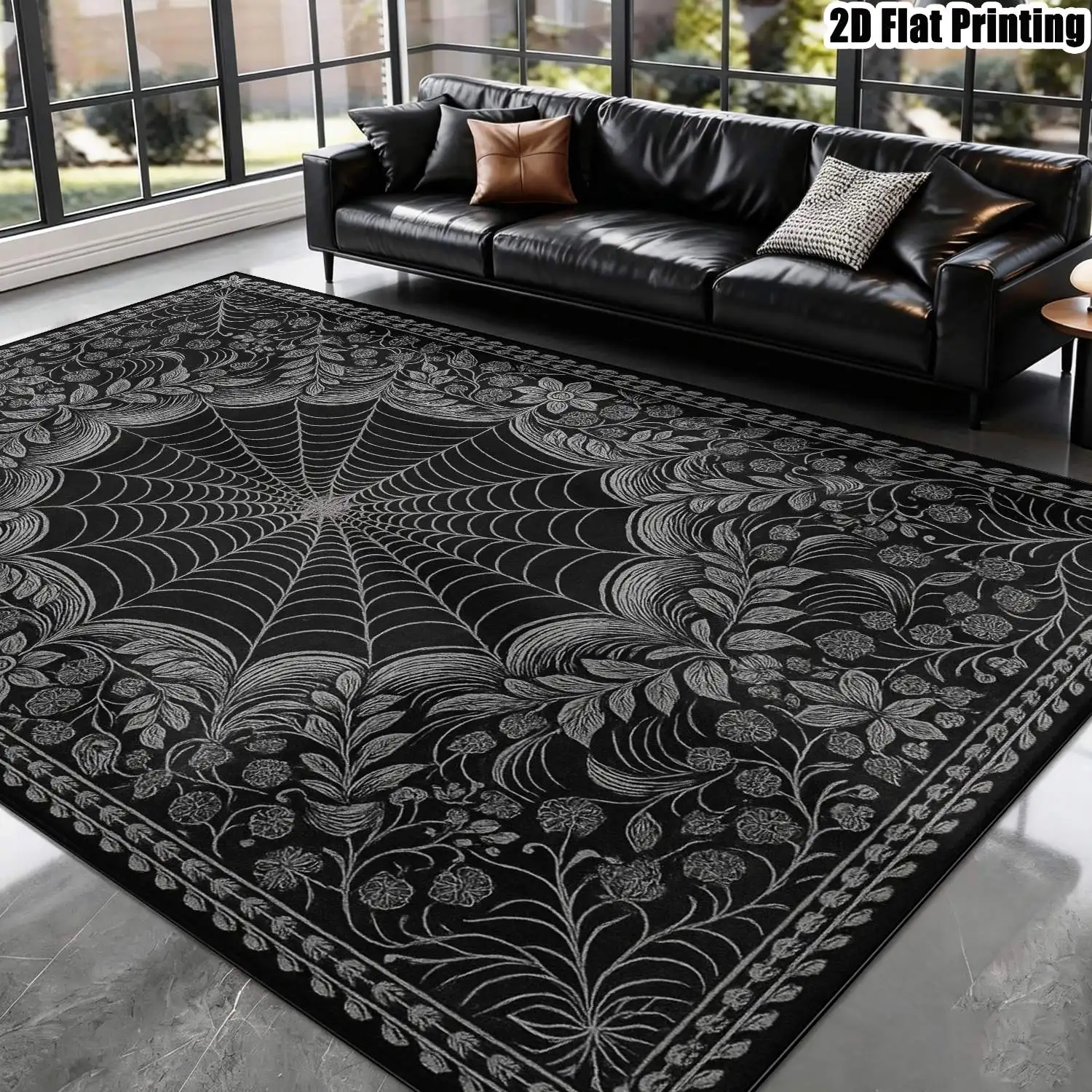 1Pc 2D Printed Black Spiderweb Flower Pattern Carpet: European Retro Bohemian Geometric Style, Home Decor Mat, Multi-Size Machine Washable, for Entrance, Foyer, Living Room, Bedroom, Dining Room