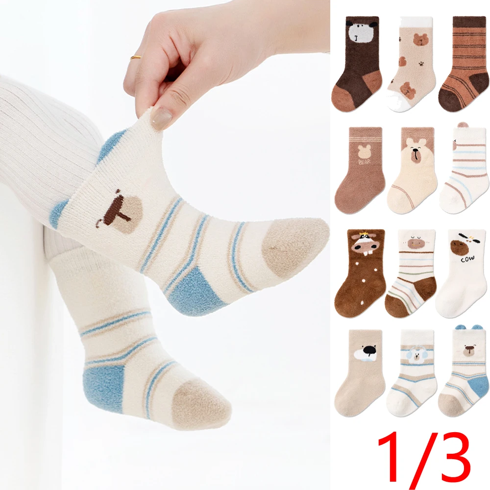 1/3 Pairs Lot Kids Thicken Socks for Baby Girls Boys Winter 2026 New Children Infant Cartoon Pattern Cute Floor Socks Keep Warm
