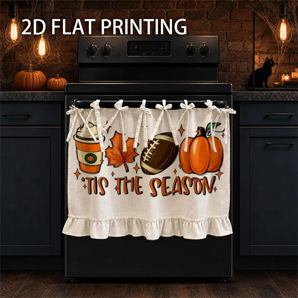 1PC Kitchen Stove Curtain, Cabinet Curtain, Apron. Features a 2D graphic print design featuring a pumpkin, maple leaf and coffee