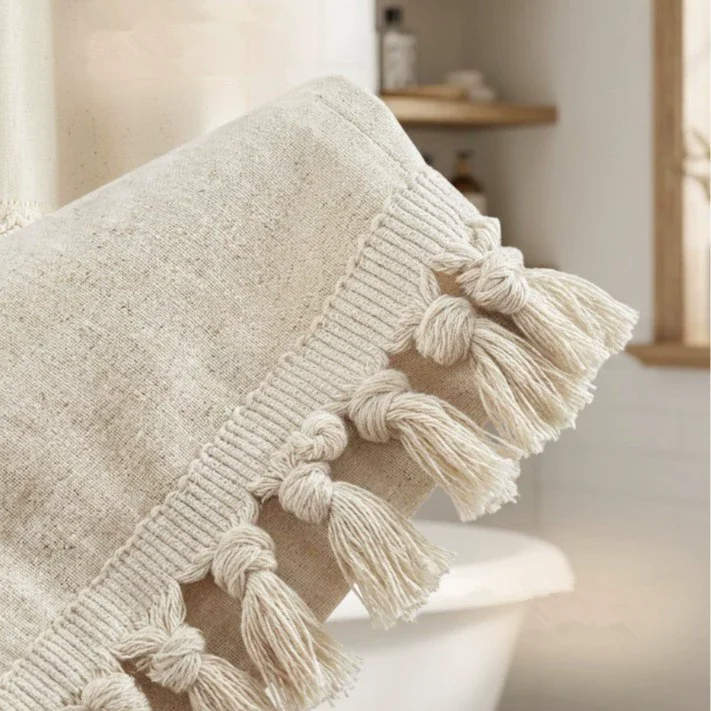 Linen Waterproof Shower with Hooks Beige Color Superior Quality Home Hotel Decor Tassels Shower Curtain for Bathroom - view 4